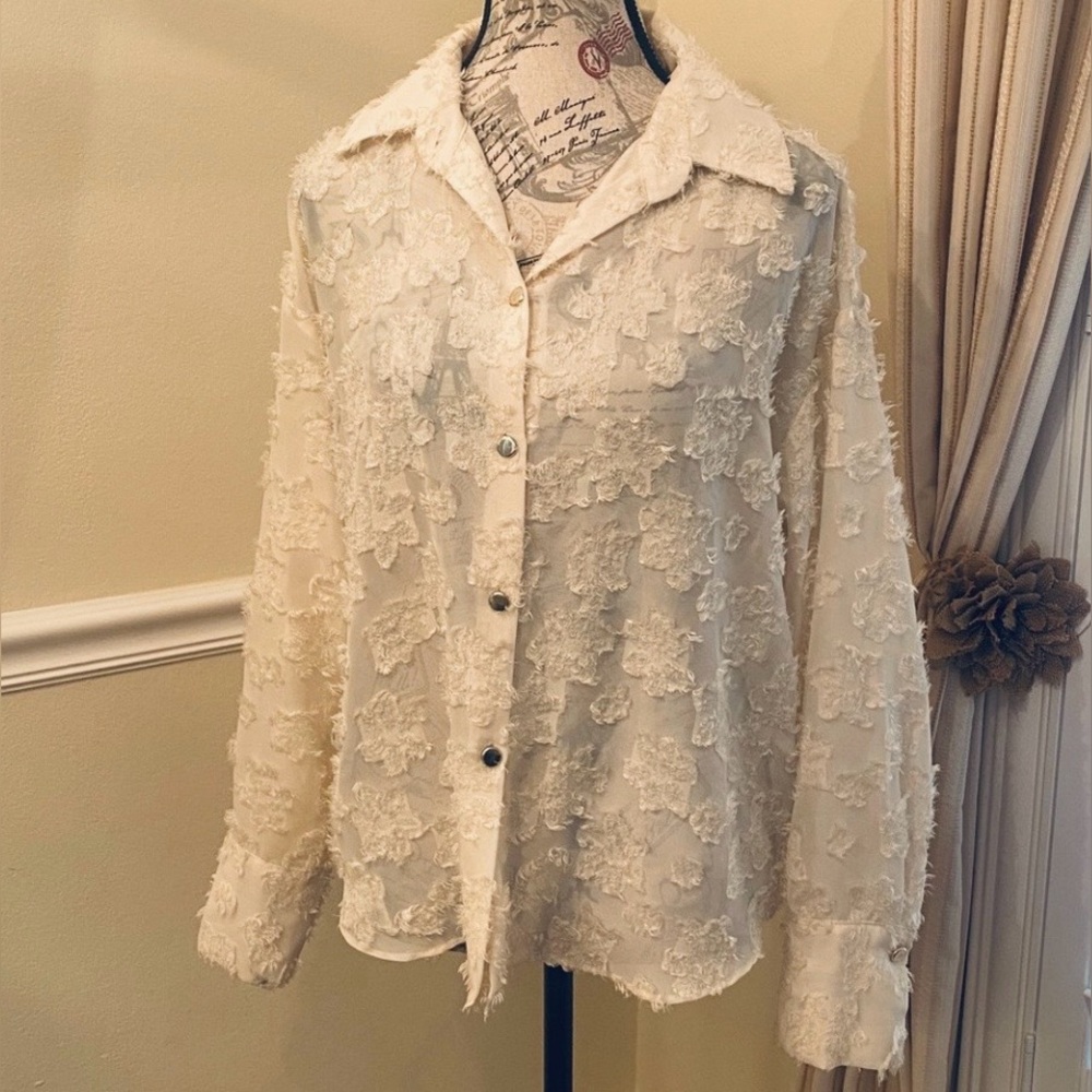 Zara Textured Floral Blouse Cream Ivory Button Front Romantic Boho Top Size M - Picture 4 of 9